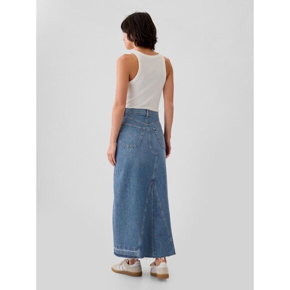 GAP Medium Indigo Wash Stretch Denim Fluted A-Line Maxi Skirt, Size 27/4 - Picture 3 of 12